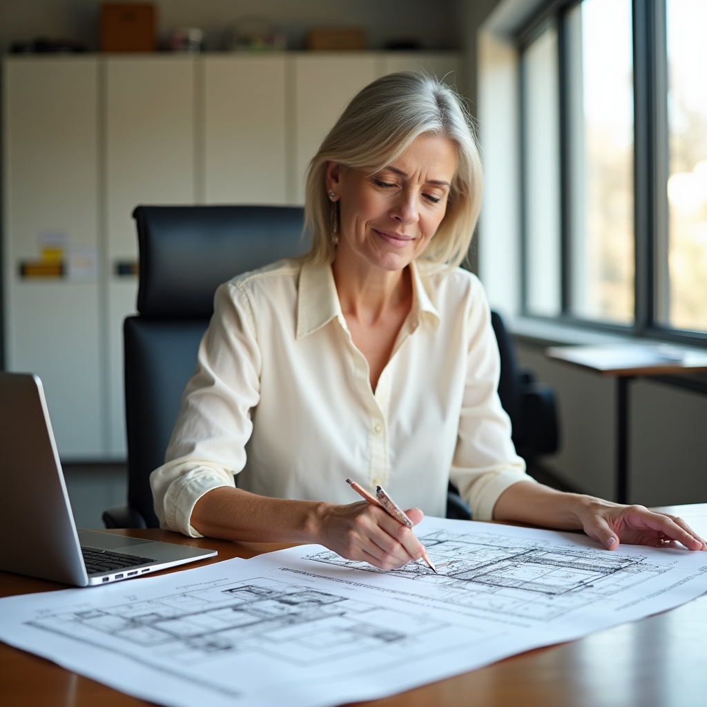 Building administrator reviewing ventilation system documentation at a desk with technical drawings