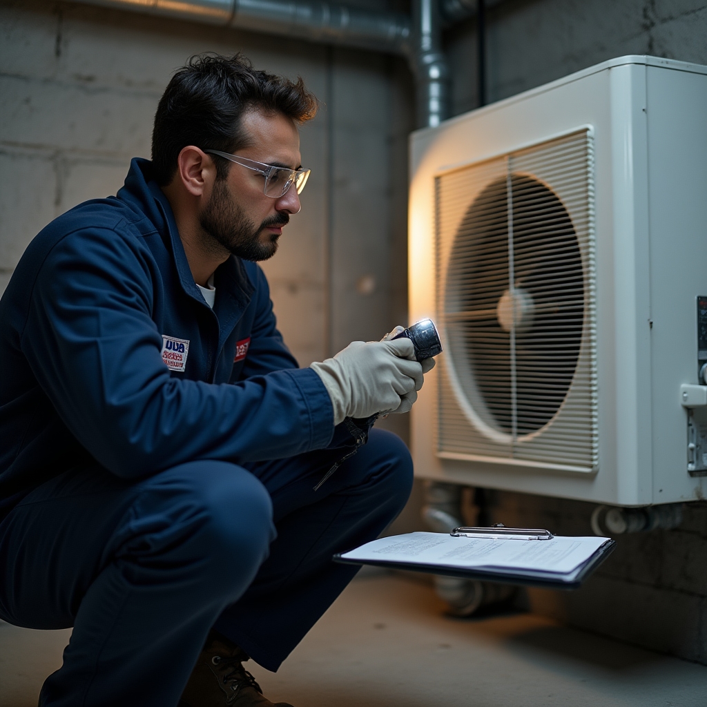 Movdelo technician inspecting HVAC equipment in residential building mechanical room