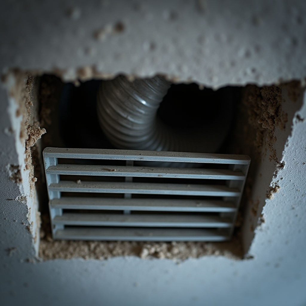 Close-up of residential ventilation duct and grille system inside apartment building